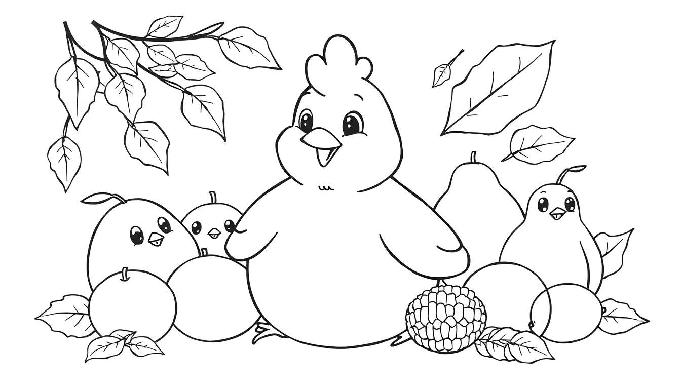 Un dessin au trait d'un poussin rond et souriant entouré de fruits et de feuilles, sur un panneau à colorier.