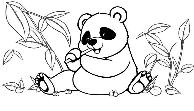 Un panda assis mange du bambou, prêt à être coloré.