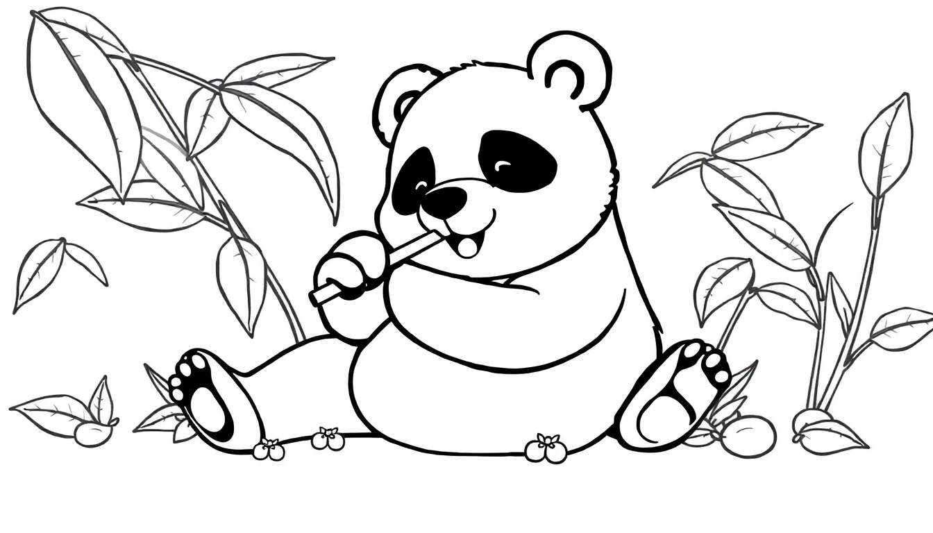 Un panda assis mange du bambou, prêt à être coloré.