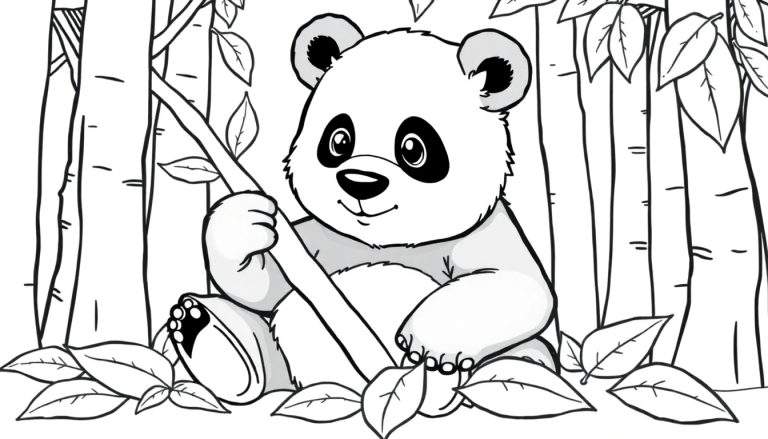 Un panda dans une forêt de bambous, prêt à être colorié sur un color panel.