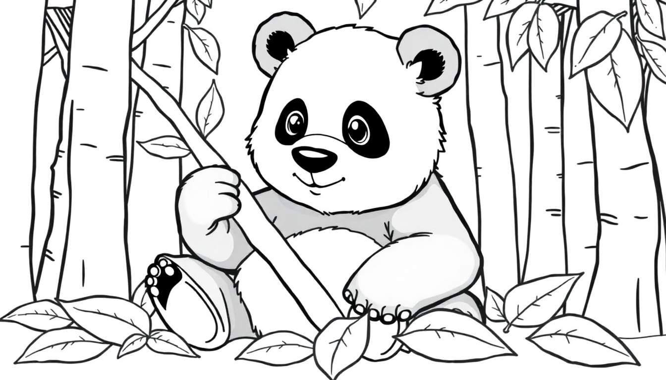 Un panda dans une forêt de bambous, prêt à être colorié sur un color panel.