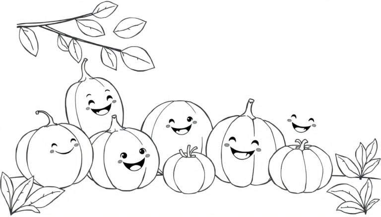 Dessin en noir et blanc d'un panel de coloriage avec des citrouilles souriantes et des feuilles.