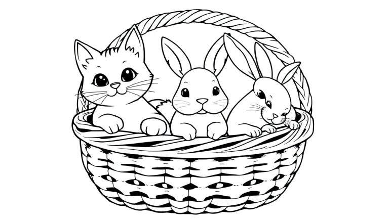 Un chat et deux lapins dans un color panel de panier