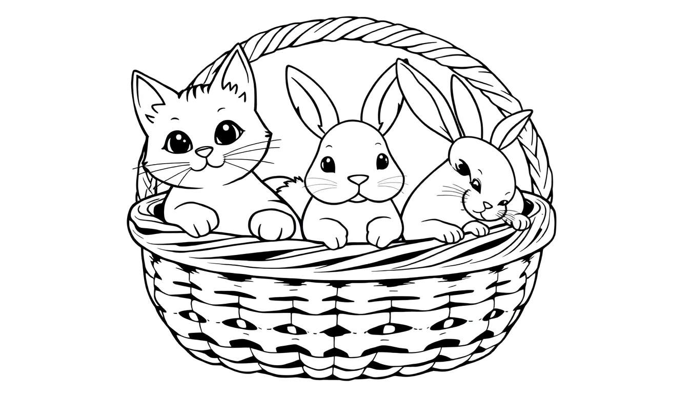 Un chat et deux lapins dans un color panel de panier