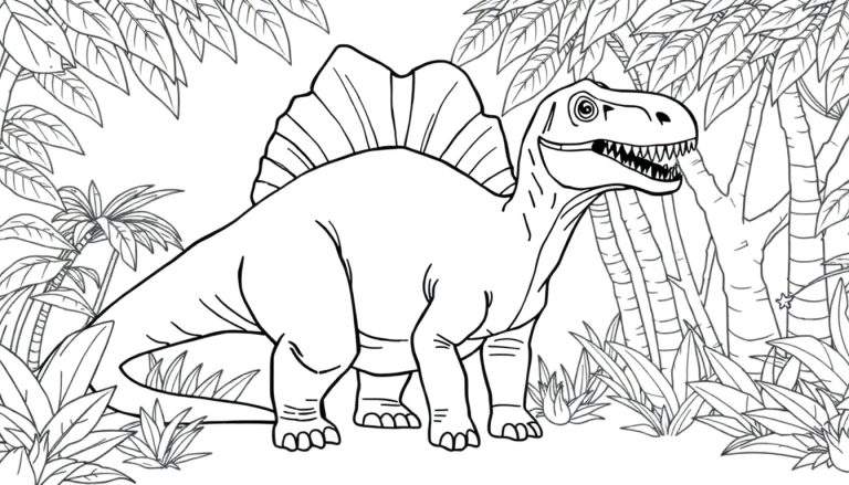 Dessin au trait d'un spinosaure dans une jungle pour un panneau de coloriage.