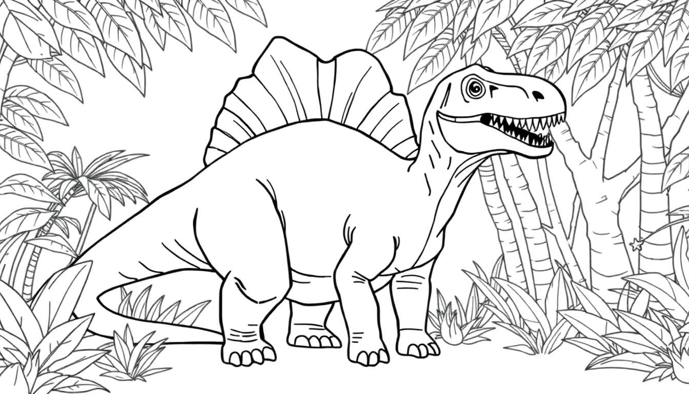 Dessin au trait d'un spinosaure dans une jungle pour un panneau de coloriage.