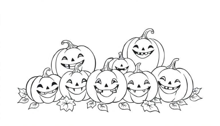 Un dessin au trait de huit citrouilles d'Halloween avec des visages joyeux, parfait pour un panneau de coloriage.
