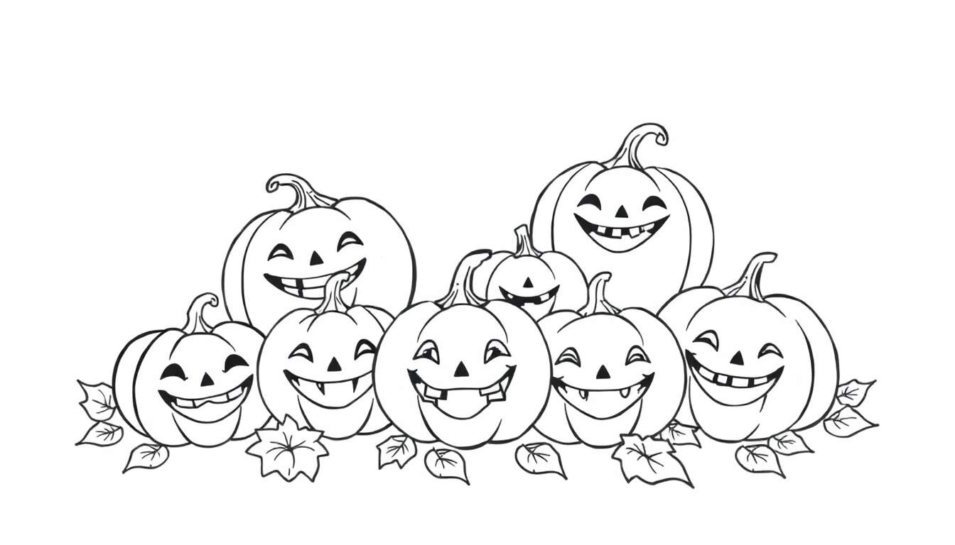 Un dessin au trait de huit citrouilles d'Halloween avec des visages joyeux, parfait pour un panneau de coloriage.