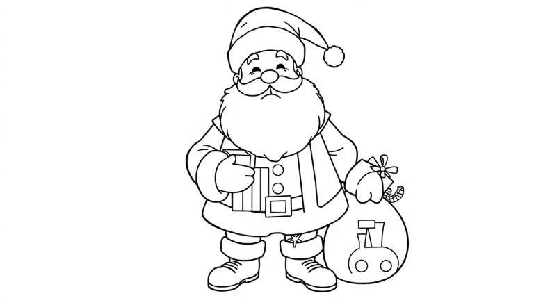 Père Noël prêt à distribuer des cadeaux dans un panneau de coloriage.