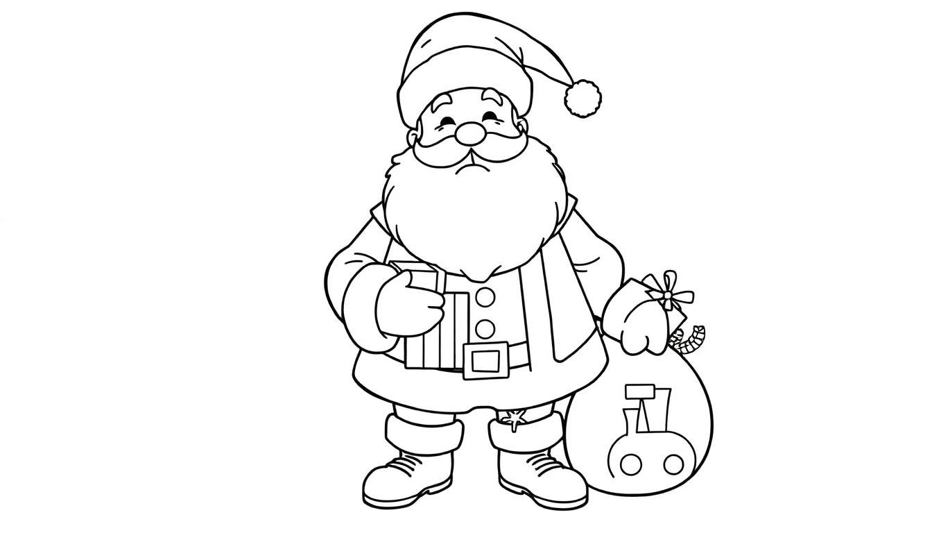 Père Noël prêt à distribuer des cadeaux dans un panneau de coloriage.