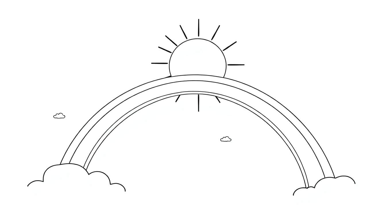 Dessin au trait d'un arc-en-ciel coloré avec un soleil et des nuages, parfait pour un panneau de coloriage.