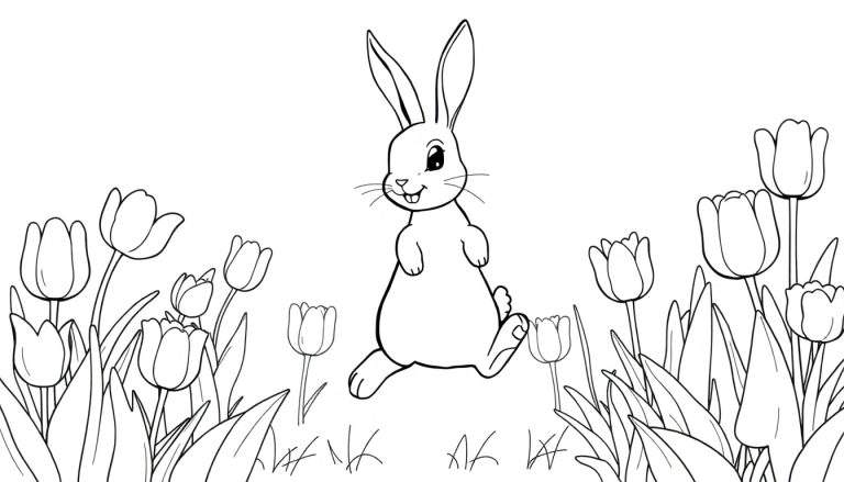 Un lapin au trait noir et blanc dessinant dans un champ de tulipes, conçu pour un panneau coloré.