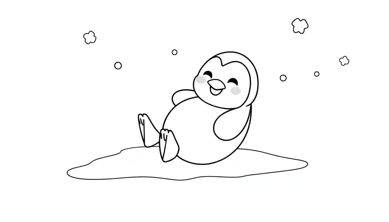 Un dessin au trait d'un pingouin mignon dormant sur la neige, entouré de flocons de neige, idéal pour un panneau de coloriage.
