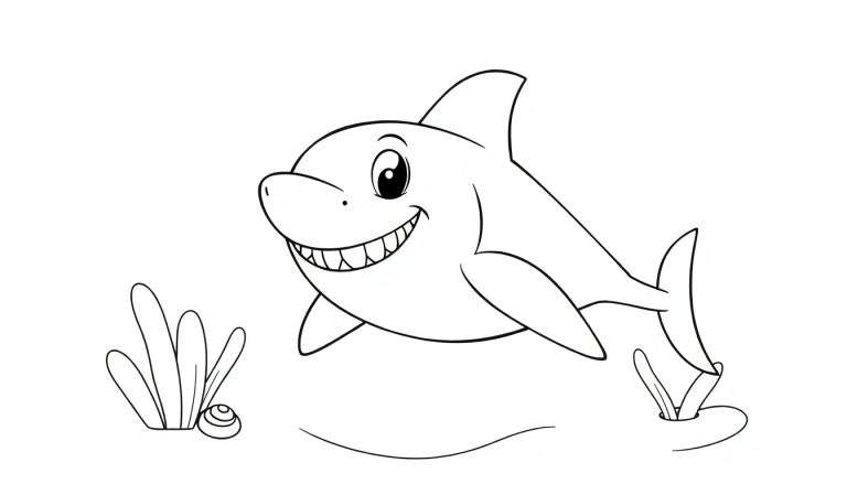 Un dessin au trait d'un requin de dessin animé amical avec un grand sourire, sur un fond d'algues et de coquillages, parfait pour un panneau de coloriage.