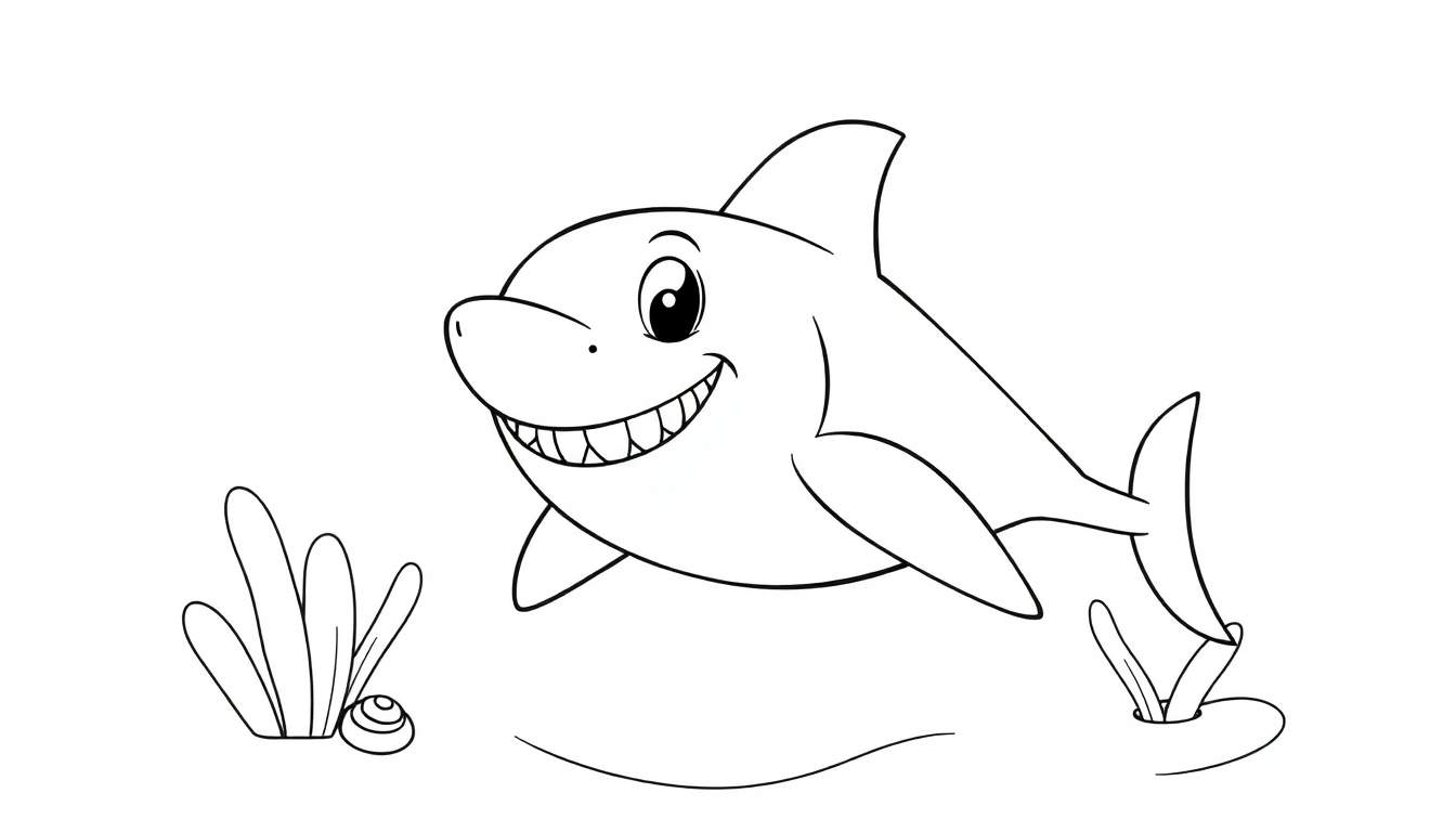 Un dessin au trait d'un requin de dessin animé amical avec un grand sourire, sur un fond d'algues et de coquillages, parfait pour un panneau de coloriage.