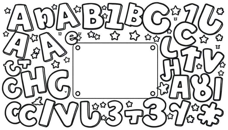 Un panneau de coloriage avec des lettres, des chiffres et des étoiles.