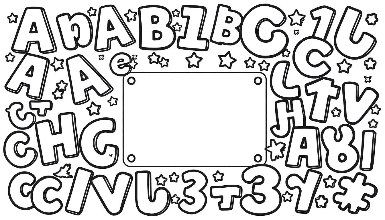 Un panneau de coloriage avec des lettres, des chiffres et des étoiles.