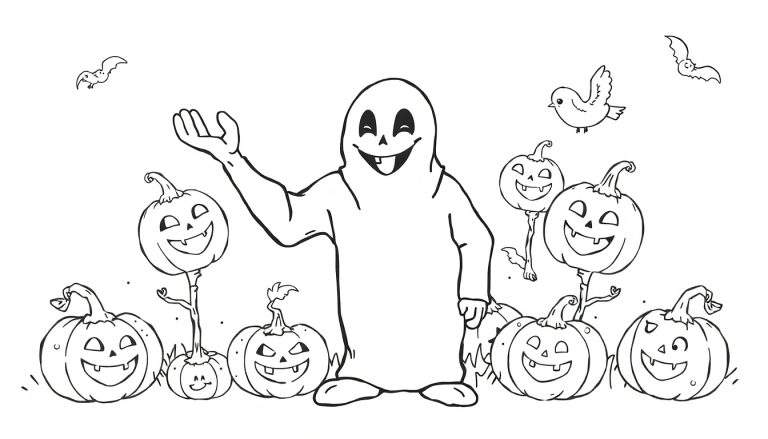 Un fantôme amical agitant la main avec des citrouilles et des chauves-souris dans un panneau de coloriage d'Halloween.