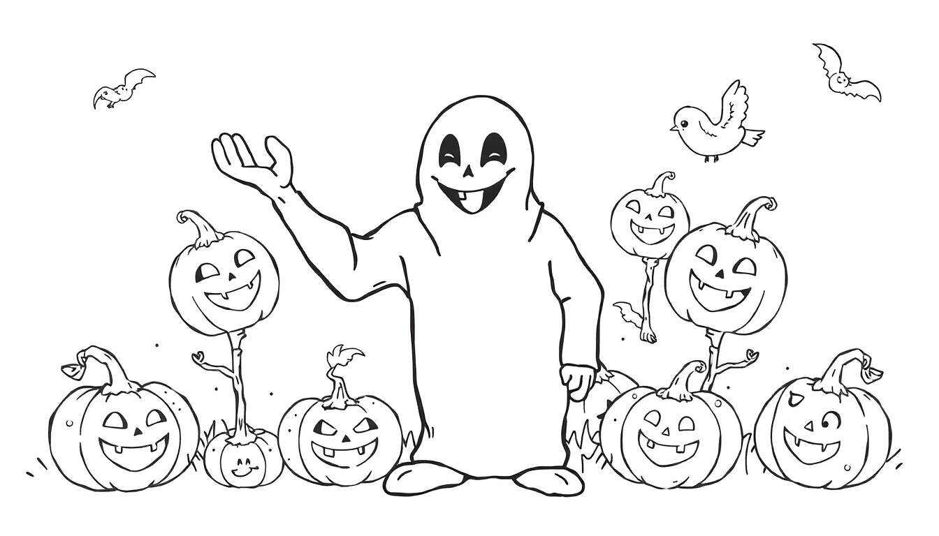 Un fantôme amical agitant la main avec des citrouilles et des chauves-souris dans un panneau de coloriage d'Halloween.