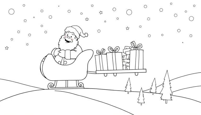 Page de coloriage de Noël avec le Père Noël et son traîneau, faisant partie d'un panneau de coloriage.