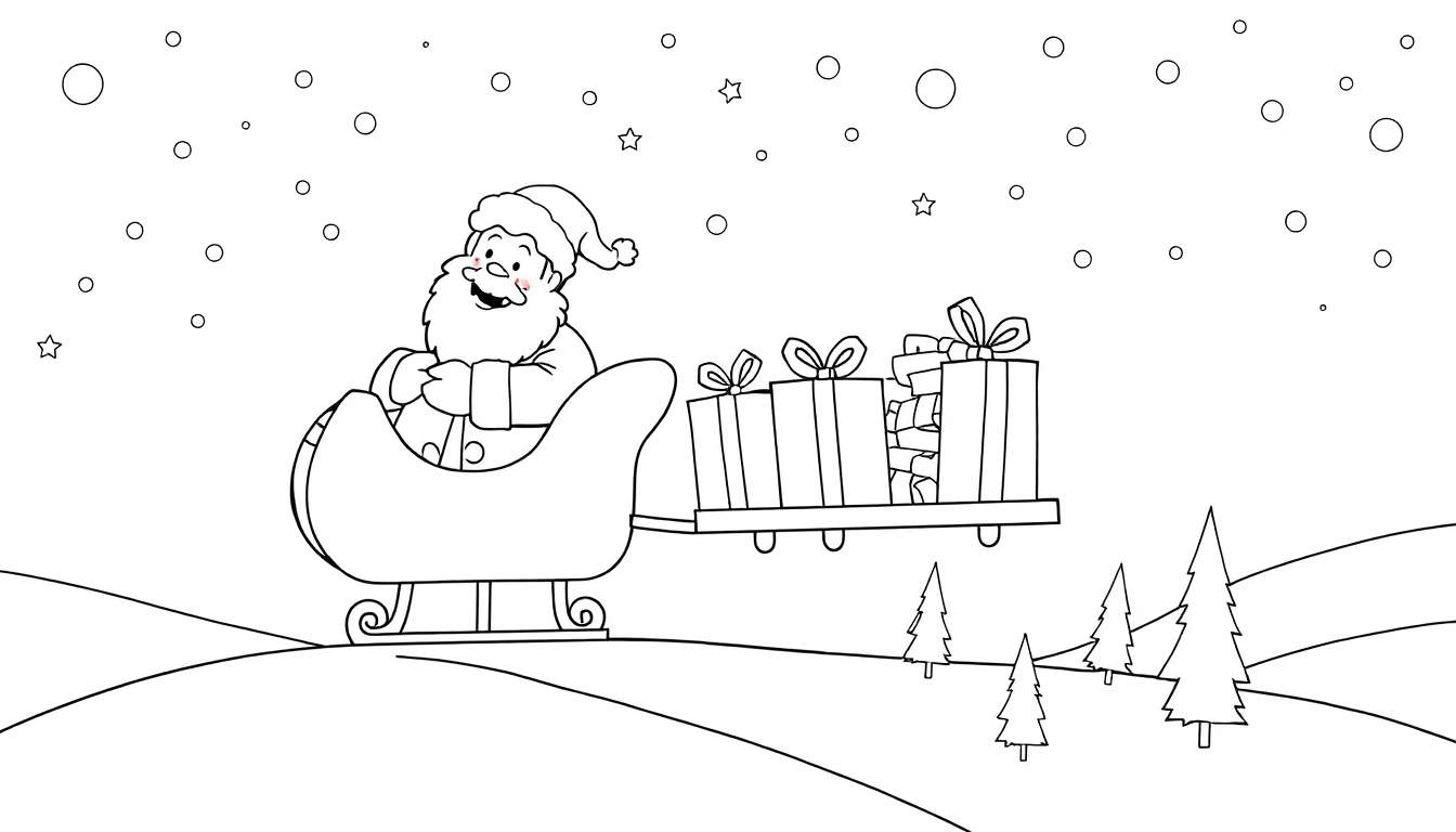 Page de coloriage de Noël avec le Père Noël et son traîneau, faisant partie d'un panneau de coloriage.