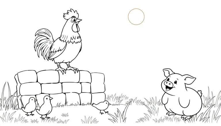 Image de dessin au trait d'une ferme avec un coq, des poussins, un autre oiseau et un cochon. Un soleil est visible dans le ciel.