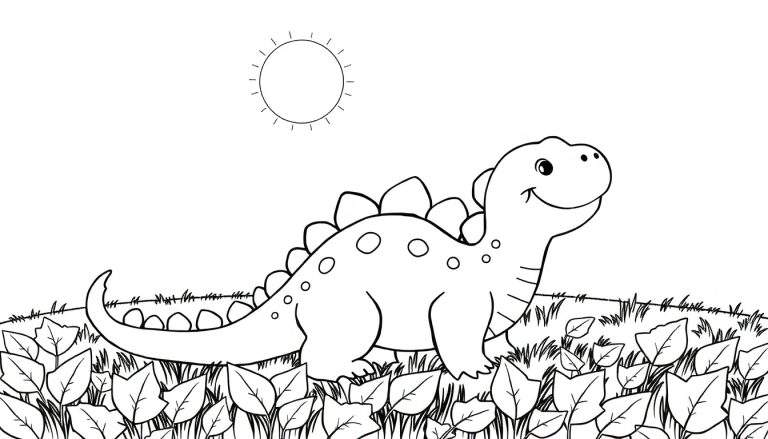 Un dessin au trait d'un stégosaure souriant dans un champ d'herbe, pour un panneau à colorier.