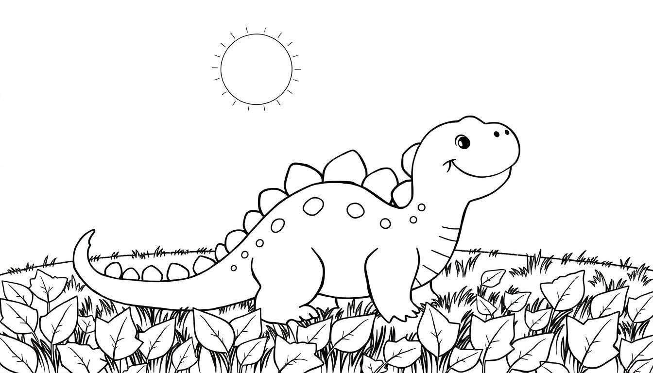 Un dessin au trait d'un stégosaure souriant dans un champ d'herbe, pour un panneau à colorier.