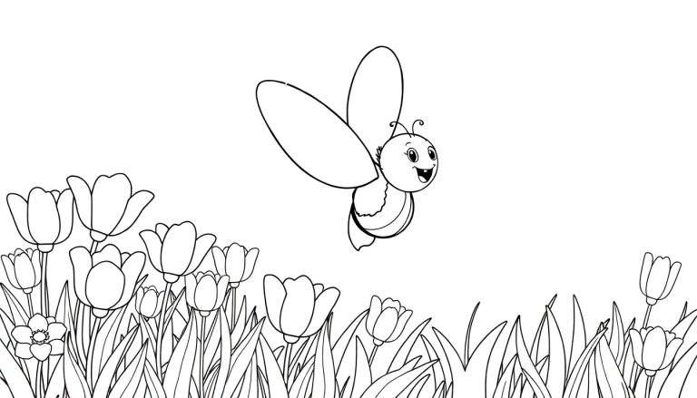 Dessin au trait d'un papillon souriant volant au-dessus d'un champ de tulipes en bourgeons et d'herbe. Idéal pour un color panel.
