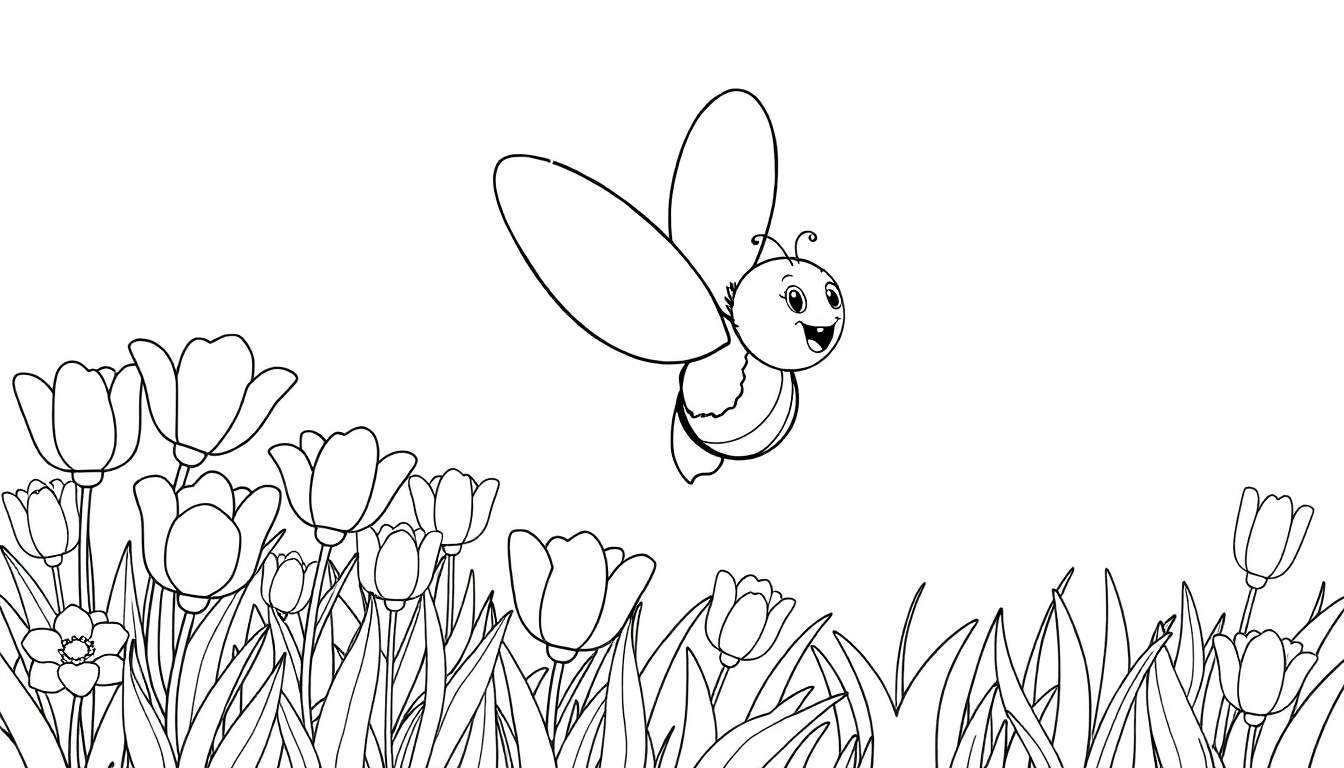 Dessin au trait d'un papillon souriant volant au-dessus d'un champ de tulipes en bourgeons et d'herbe. Idéal pour un color panel.