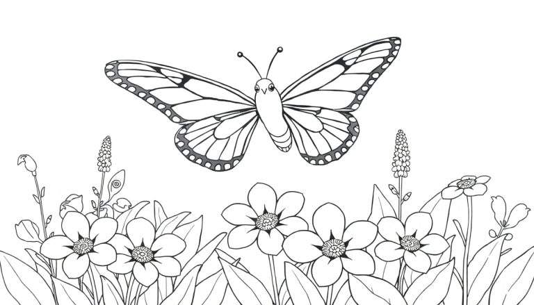 Papillon noir et blanc avec des ailes décorées sur un fond de fleurs simples, comme un color panel.