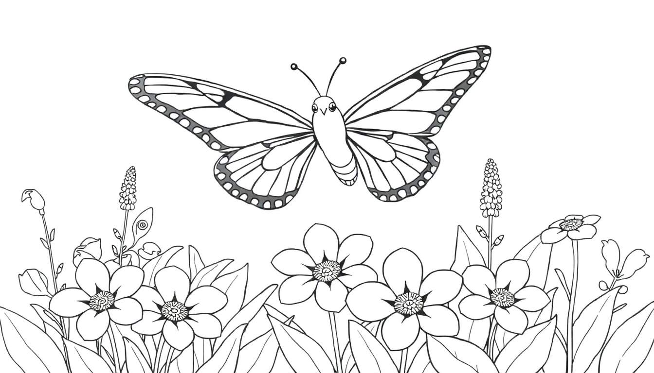 Papillon noir et blanc avec des ailes décorées sur un fond de fleurs simples, comme un color panel.
