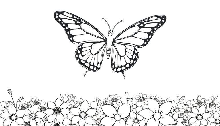 Un dessin au trait noir et blanc d'un papillon au-dessus d'un parterre de fleurs, style color panel.