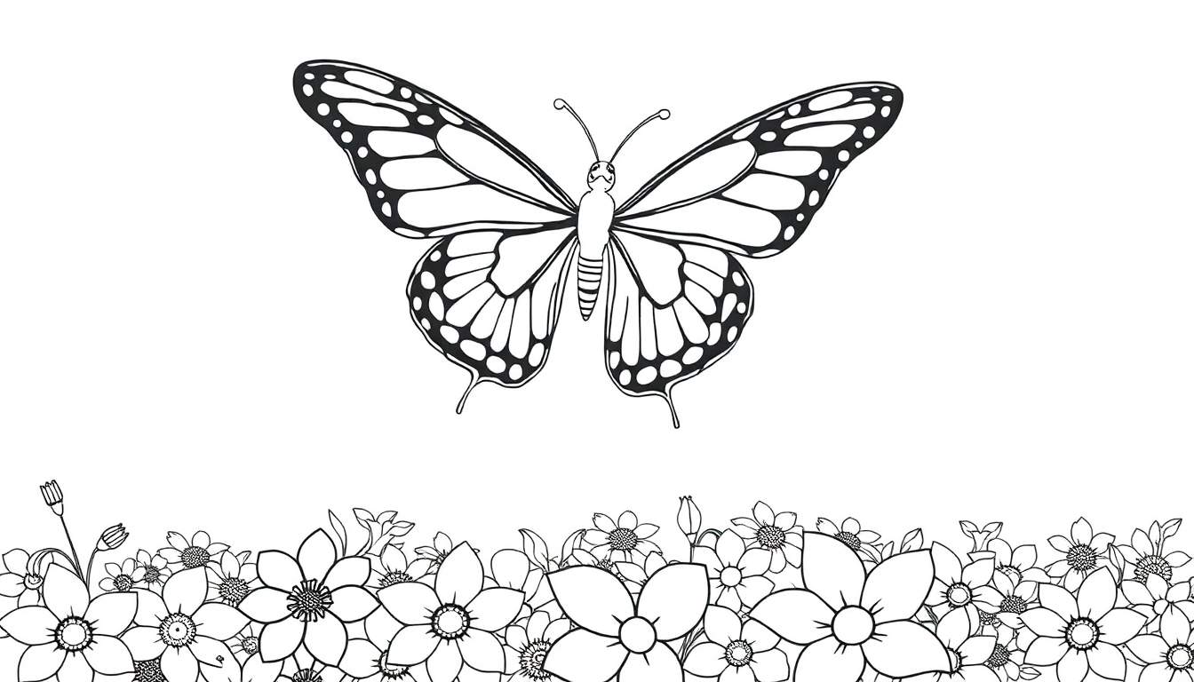 Un dessin au trait noir et blanc d'un papillon au-dessus d'un parterre de fleurs, style color panel.