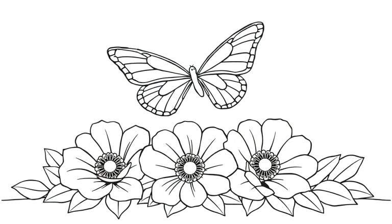 Un dessin au trait de papillon coloré et de fleurs, avec un panel de couleurs vives.