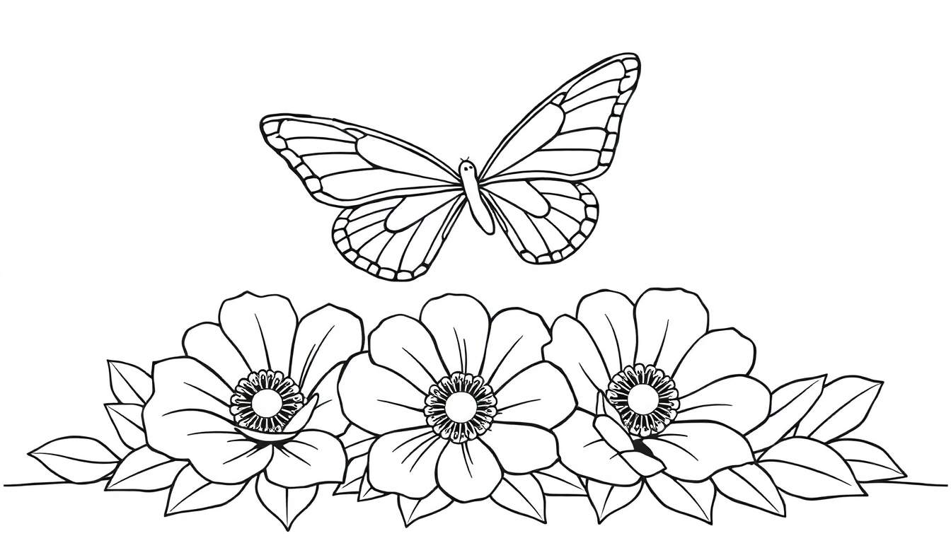 Un dessin au trait de papillon coloré et de fleurs, avec un panel de couleurs vives.