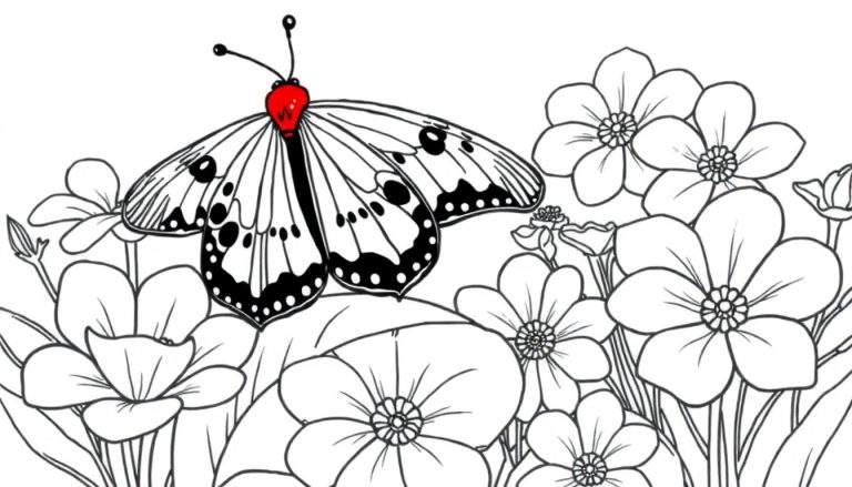 Un papillon coloré posé sur un bouquet de fleurs, prêt à être colorié.