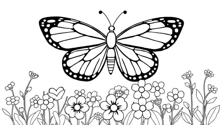 Dessin en noir et blanc d'un papillon aux motifs complexes au-dessus d'un champ de fleurs variées, style page de coloriage.