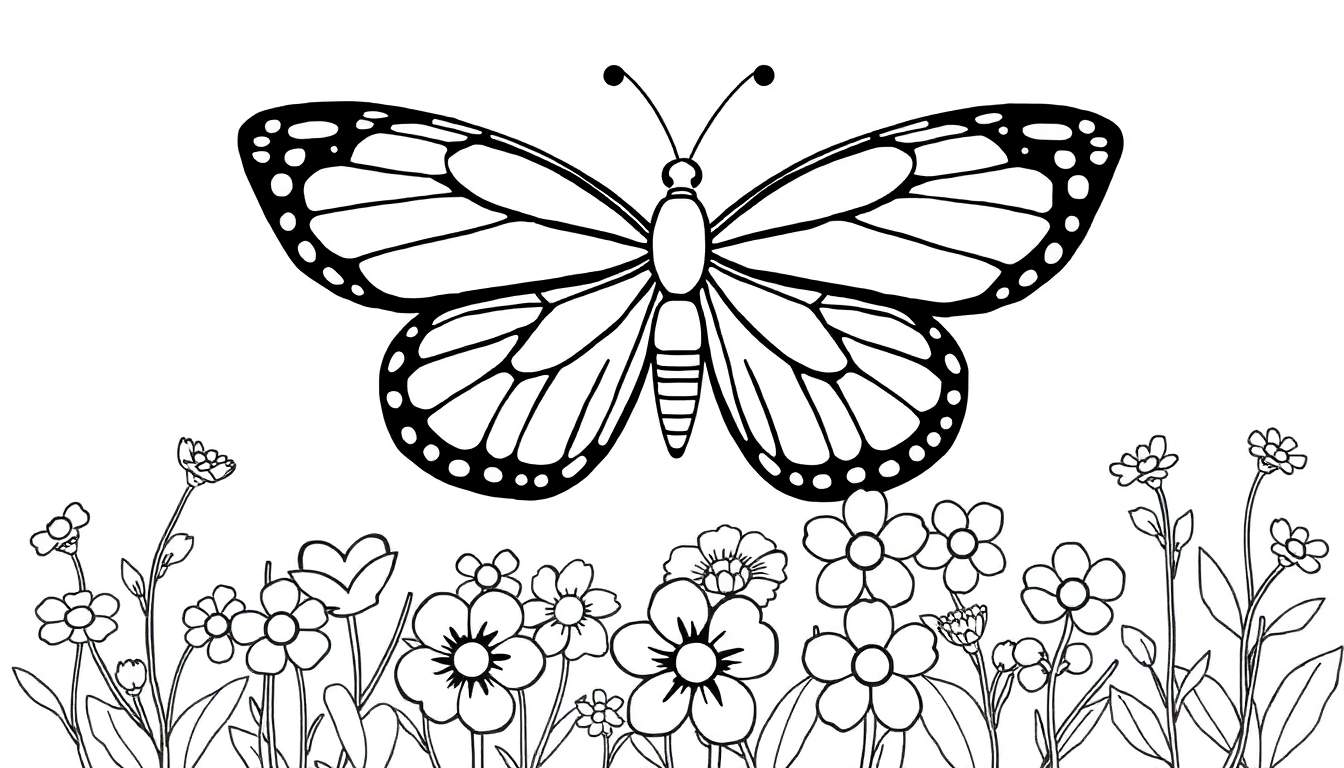 Dessin en noir et blanc d'un papillon aux motifs complexes au-dessus d'un champ de fleurs variées, style page de coloriage.