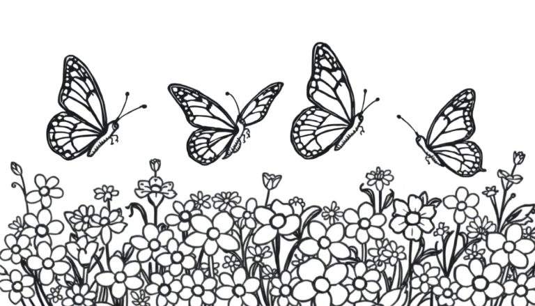 Dessin au trait noir et blanc de quatre papillons voletant au-dessus d'un champ de fleurs. Le design est idéal pour une activité de coloriage. Color panel.