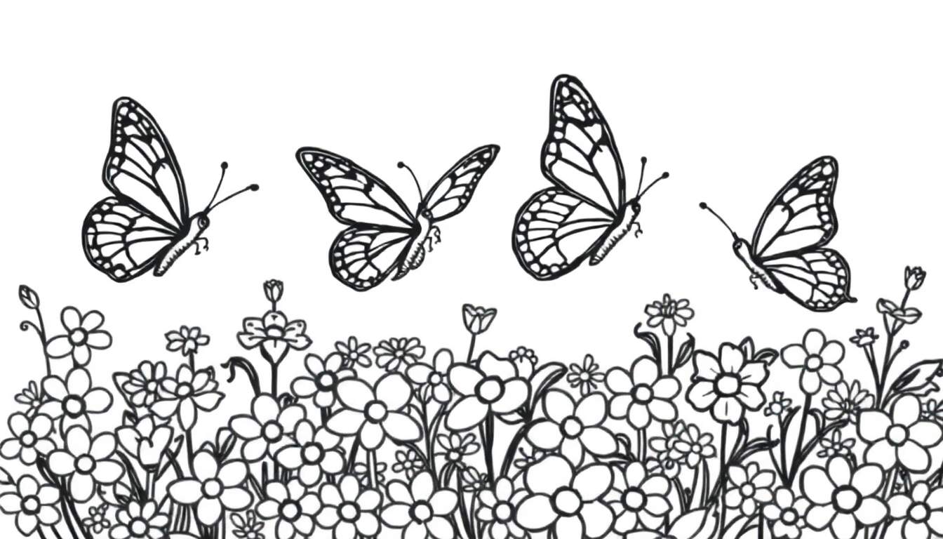 Dessin au trait noir et blanc de quatre papillons voletant au-dessus d'un champ de fleurs. Le design est idéal pour une activité de coloriage. Color panel.
