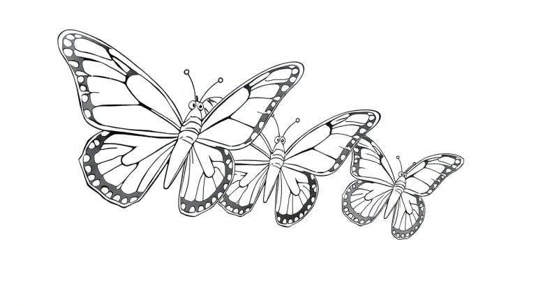 Dessin au trait noir et blanc de trois papillons en formation, style livre de coloriage, avec des motifs sur les ailes.