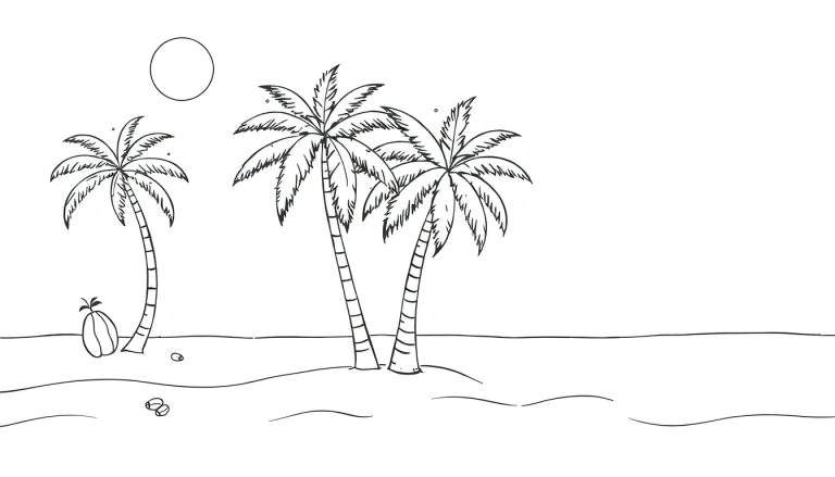 Trois palmiers sur une plage de sable avec une noix de coco au pied et un ciel clair avec un cercle jaune, suggérant un coucher ou un lever de soleil. Le color panel met en avant des tons chauds et naturels.