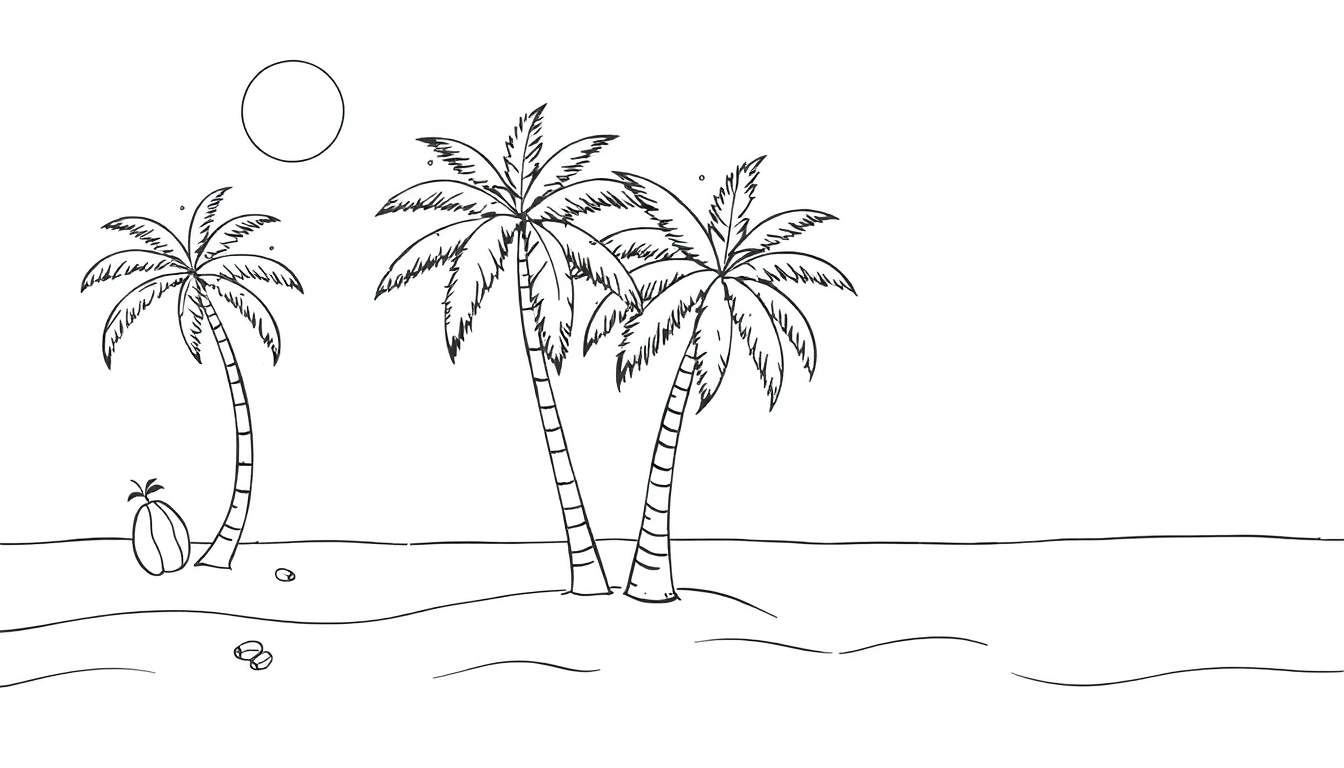 Trois palmiers sur une plage de sable avec une noix de coco au pied et un ciel clair avec un cercle jaune, suggérant un coucher ou un lever de soleil. Le color panel met en avant des tons chauds et naturels.
