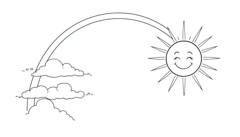Un dessin au trait d'un paysage ensoleillé avec un arc-en-ciel, des nuages et un soleil souriant.