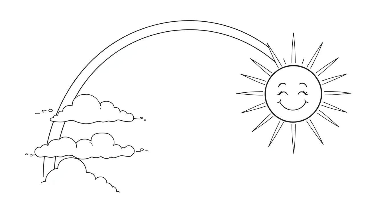 Un dessin au trait d'un paysage ensoleillé avec un arc-en-ciel, des nuages et un soleil souriant.
