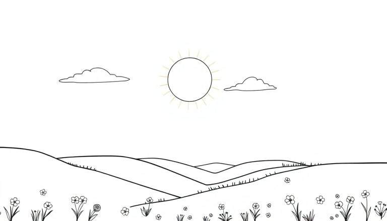 Un dessin au trait minimaliste d'un paysage avec des fleurs au premier plan, des collines ondulantes et un soleil entouré de nuages dessinés au trait. Parfait pour le color panel.