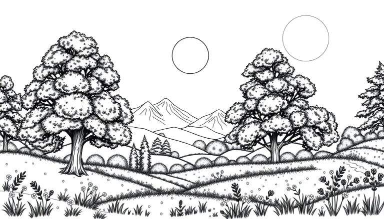 Paysage dessiné en noir et blanc avec des arbres, des montagnes et deux cercles dans le ciel, invitant à la coloration.