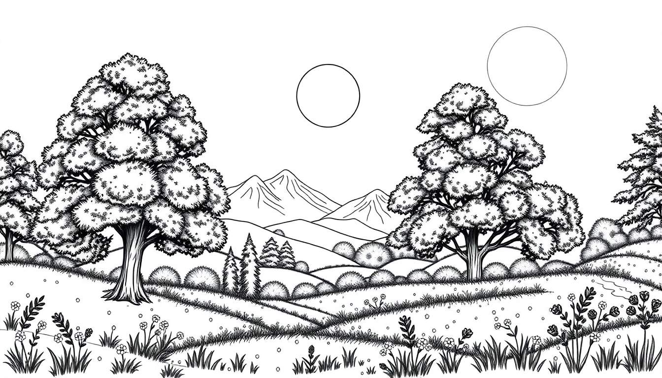 Paysage dessiné en noir et blanc avec des arbres, des montagnes et deux cercles dans le ciel, invitant à la coloration.