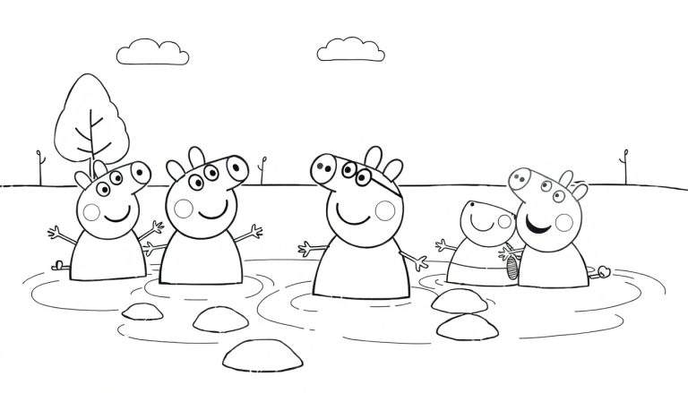 Peppa Pig et sa famille sautent dans une flaque de boue.